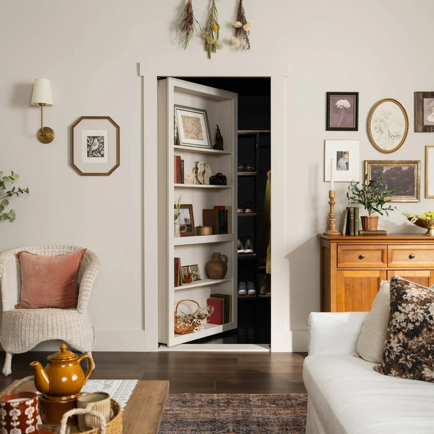 A Murphy Door® hidden door open in a warm living room, revealing a fitted closet behind it. Photo from murphydoor.com.