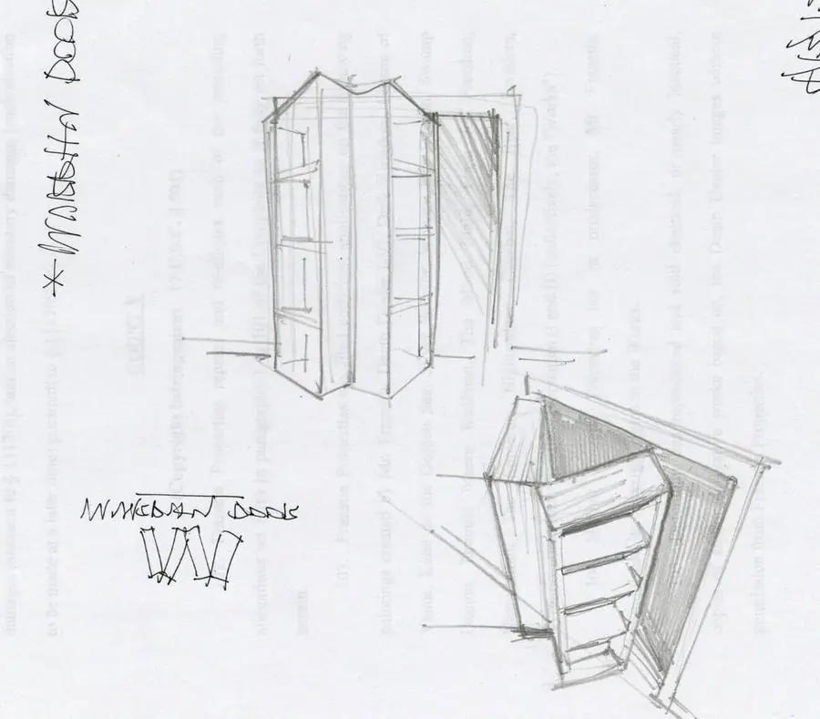 Jeremy Barker's 2013 hand sketch of the hidden bookcase door, from the year the Murphy Door® logo was designed. The company began in 2012. Photo from murphydoor.com.