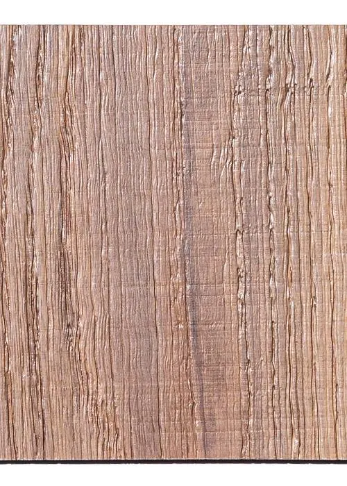Macro close-up of the T3D Weathered texture pattern cross-scored into white oak, showing the depth of the surface relief. Photo from t-three-d.myshopify.com.